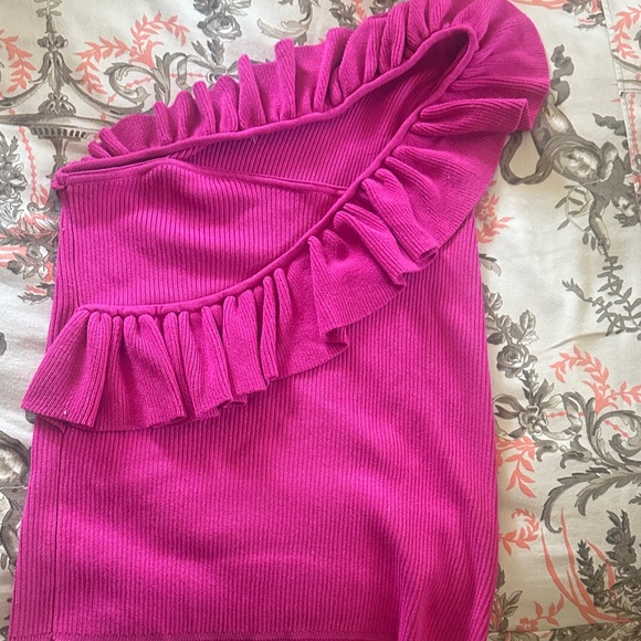 Teal Ribbed Crop Top & Hot Pink Ruffle Ribbed Top - Bright Color Duo - Picture 2 of 3